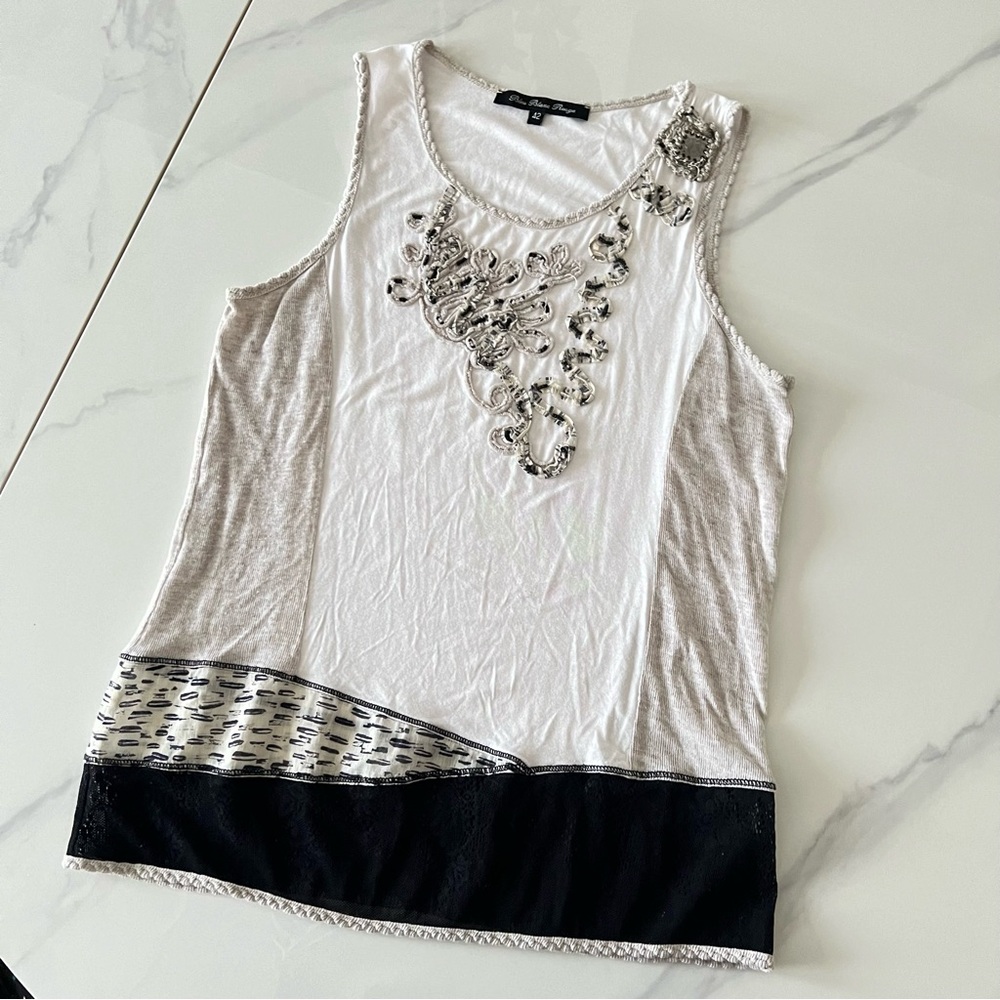 Bleu Blanc Rouge Tank Top Black White Lace Embellished Top Size Large